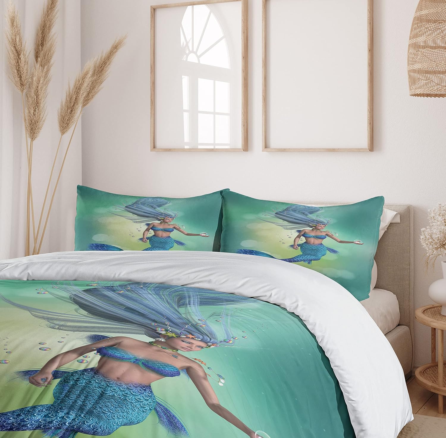 Ambesonne Underwater Duvet Cover Set, Mermaid Upper Body of a Woman and The Tail of Fish for Swimming Marine Life, Decorative 3 Piece Bedding Set with 2 Pillow Shams, Queen Size, Teal Pale Blue