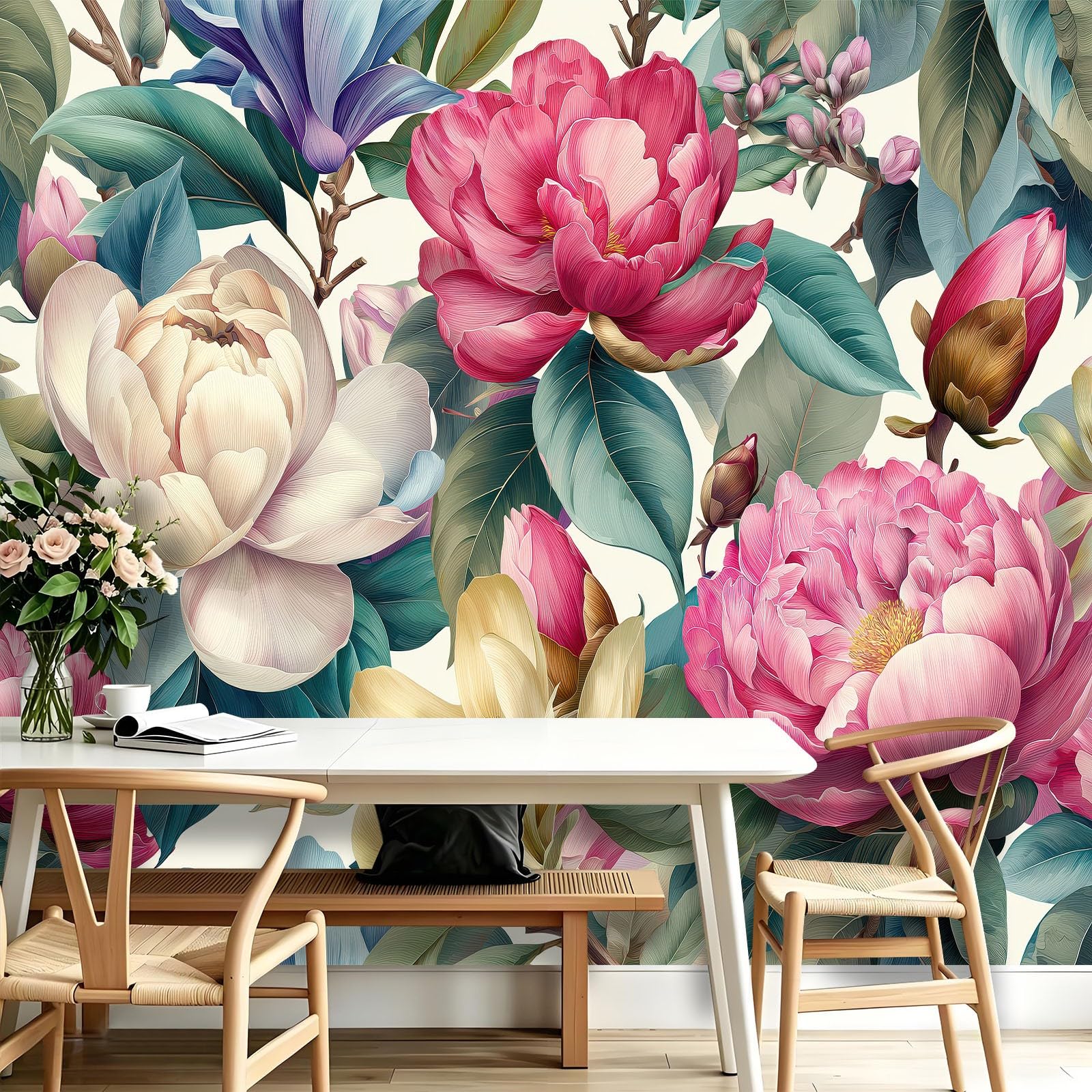 Panoramiczna Tapeta Magnolia Piwonia Kwiaty 300 x 210 cm (szer. x wys.) Gigantyczny plakat ścienny Rośliny Dekoracja - Tapeta z włókniny do salonu, sypialni, tła TV i biura (łatwy w instalacji)