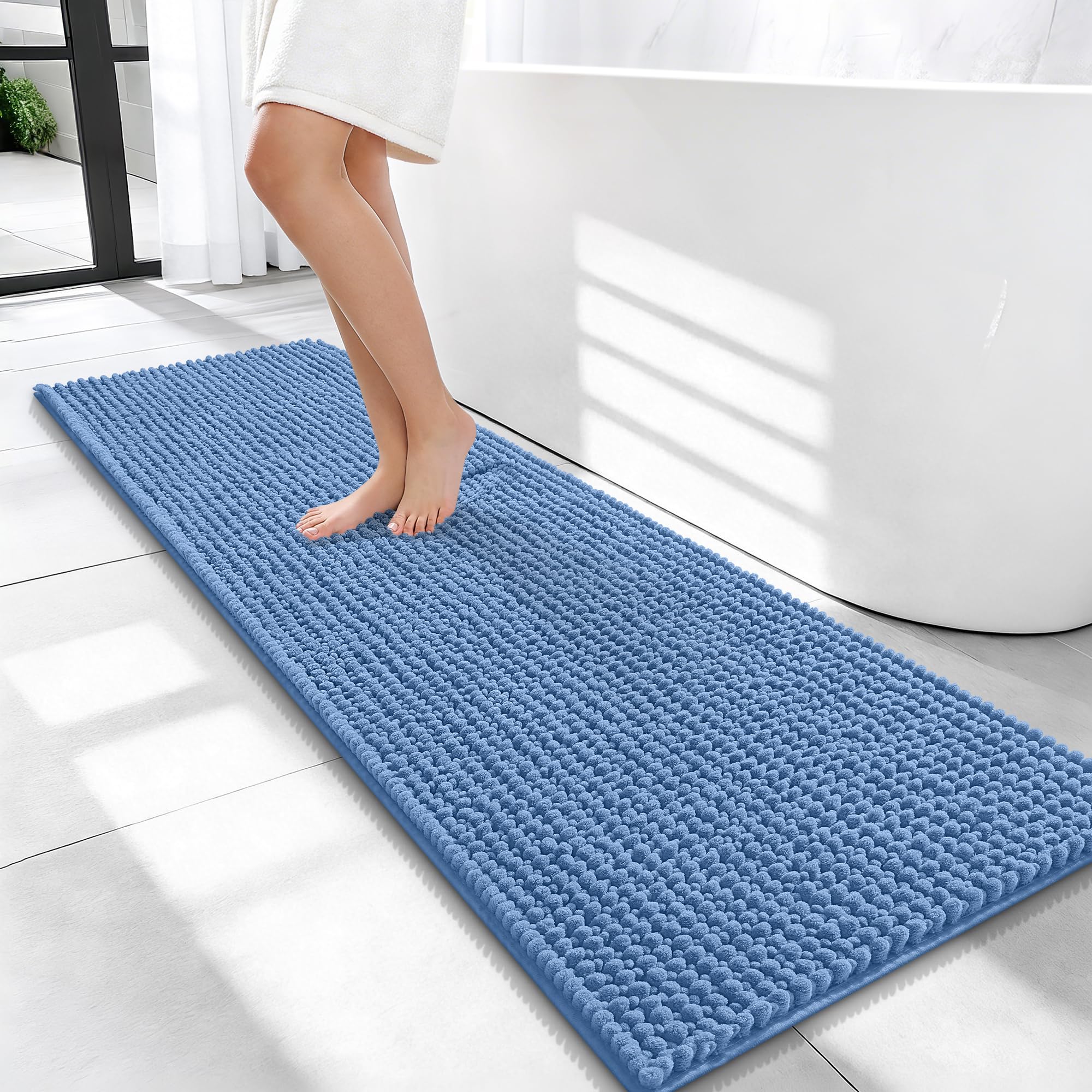 OLANLY Thick Chenille Bathroom Runner Rugs Mats 47x17, Cornflower Blue