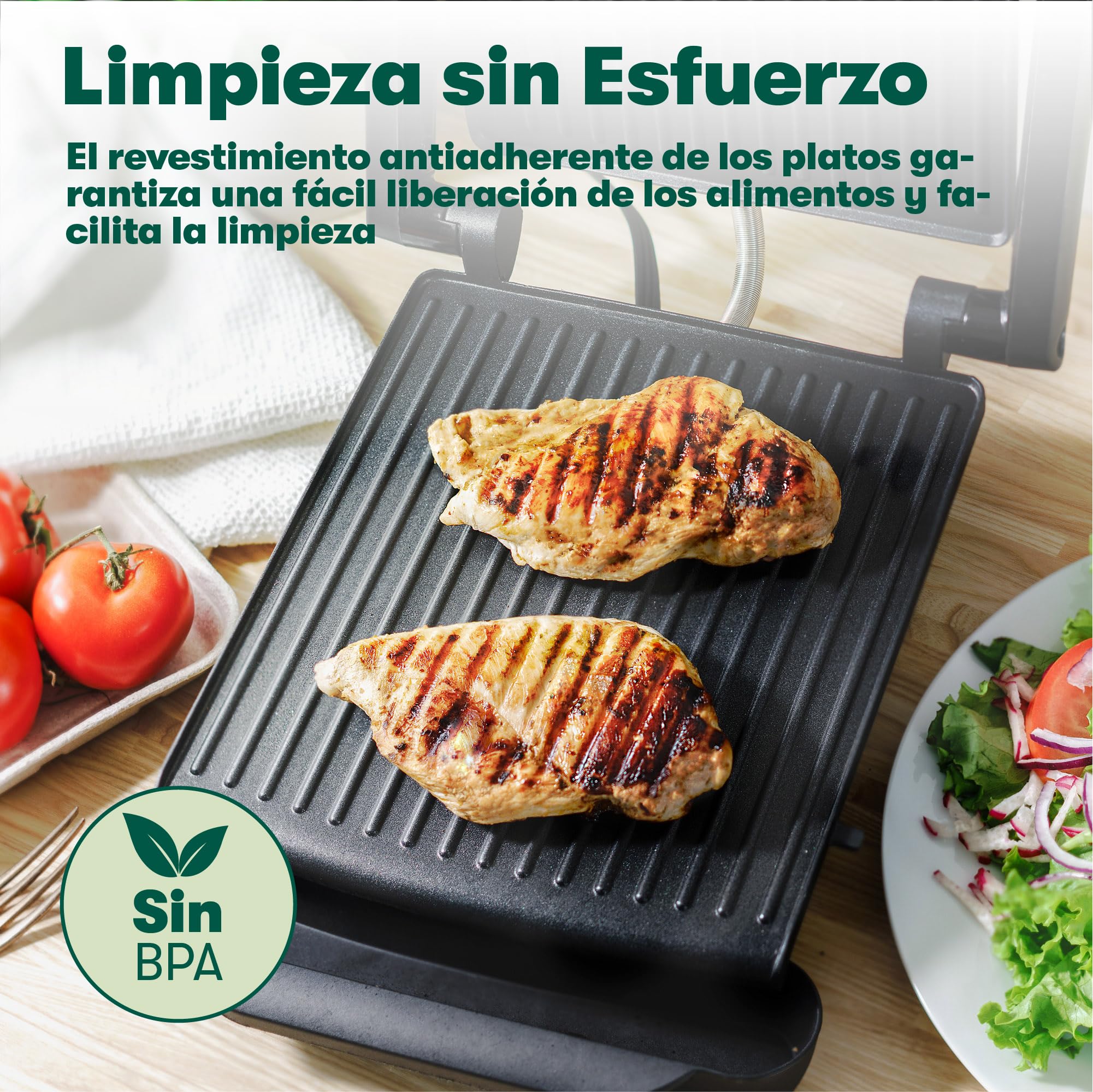 bella Sandwichera, Prensa para Paninis y Grill Eléctrico con Placas Dobles Antiadherentes, Tapa Regulable en Altura y Bandeja Recogegotas Extraíble, Acero Inoxidable, 1400 Vatios