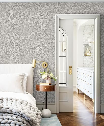 Miniatura 2 de CiCiwind Papel tapiz autoadhesivo bohemio para despegar y pegar, papel de contacto bohemio, color gris oscuro, papel tapiz floral extraíble,