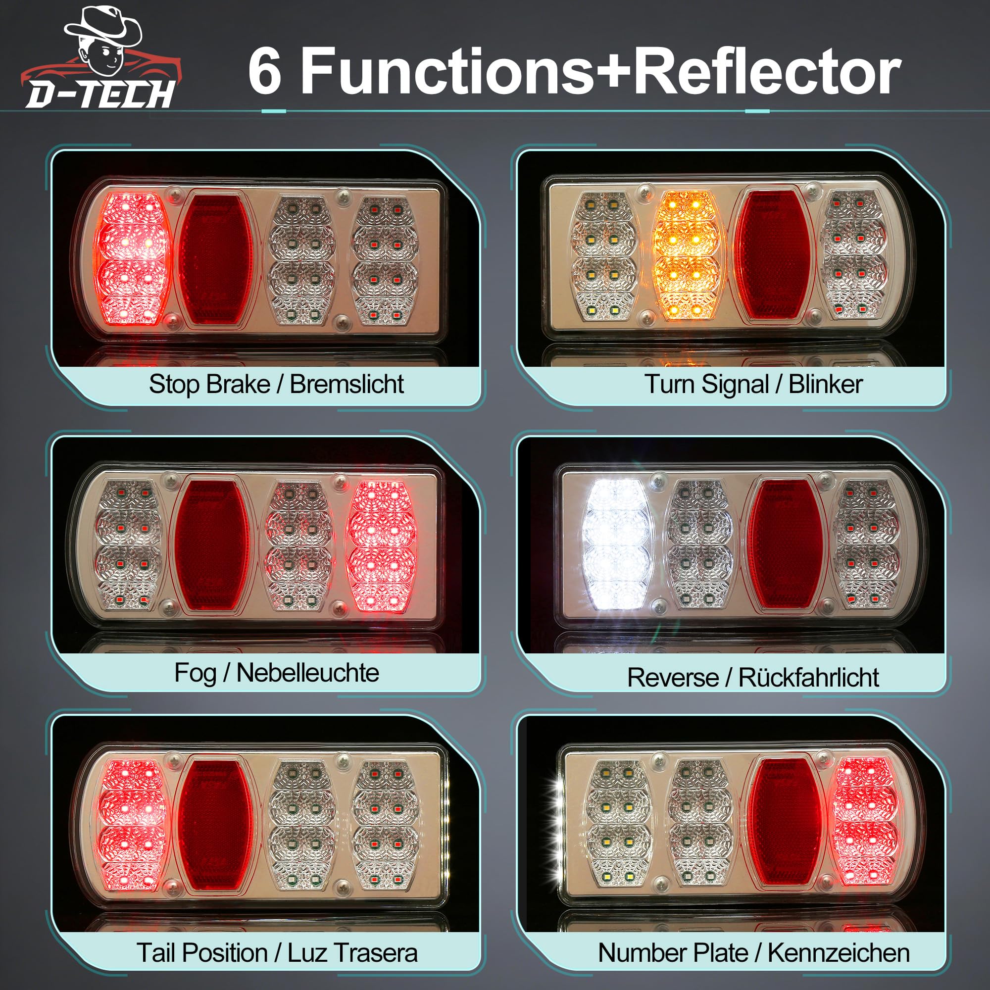 D-TECH Pilotos Focos Traseros Remolque LED IP65 ECE Homologados 12V/24V Plug & Play 8 m Kit Luces Traseras LED Remolque 13 Pines para Grandes Remolque Agrícola Caravana Camión y Portabicicletas