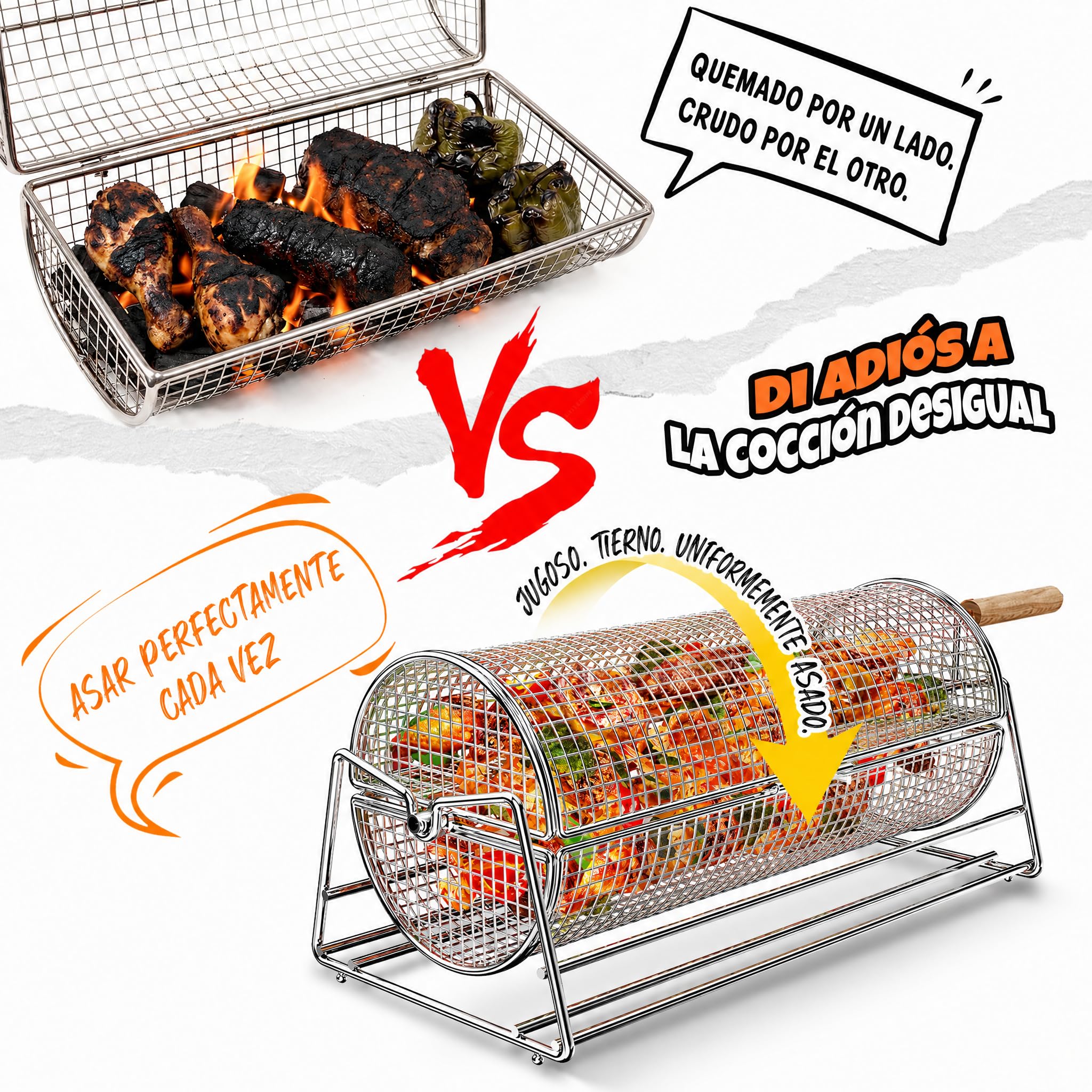 2-en-1 Cesta de Parrilla Rodadiza Rotativa, Acero Inoxidable 304 con Dobles Mangos de Manivela y Recto, Accesorios Barbacoa para Verduras Camarones, Regalo Idea Hombre Papá Esposo Cumpleaños