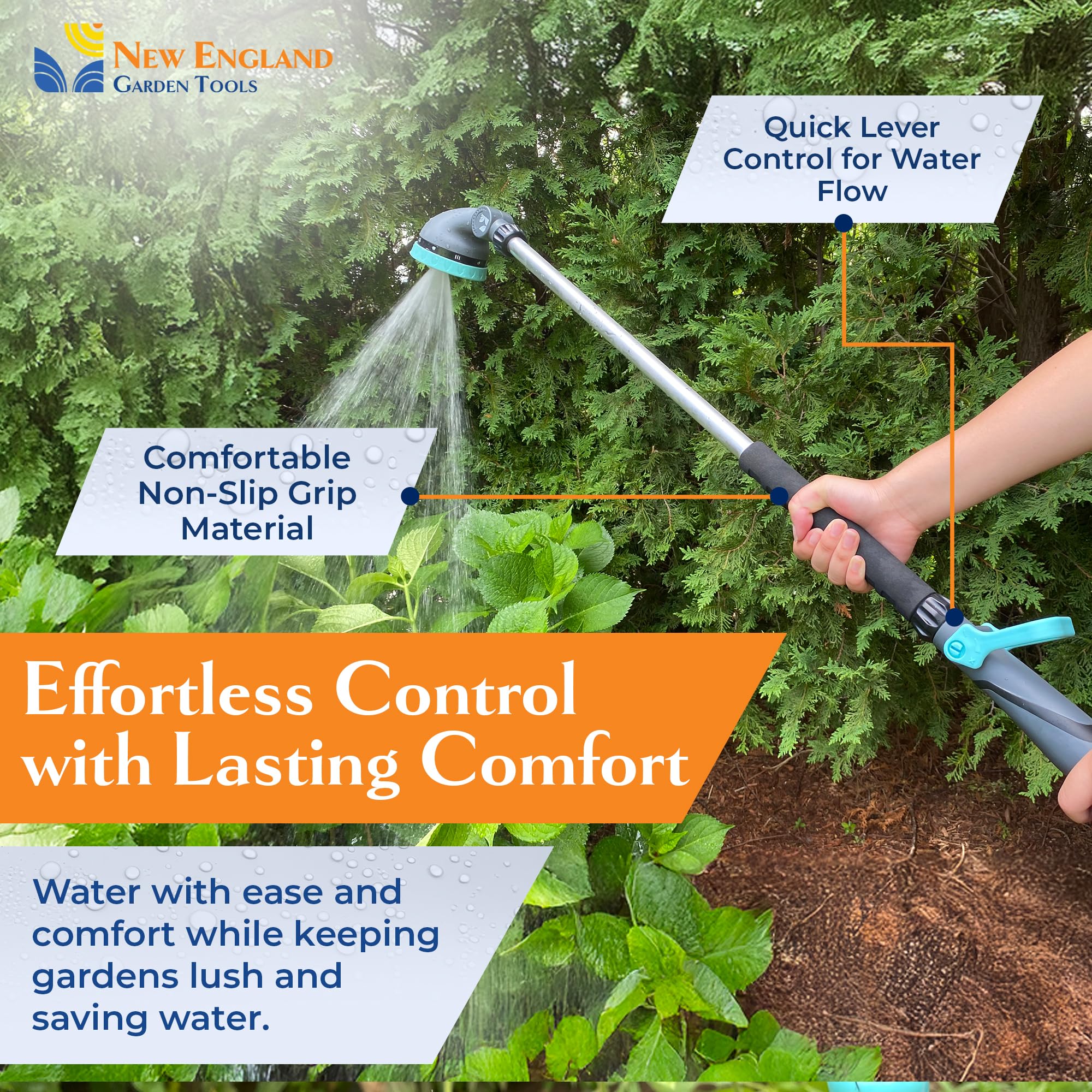 Varita de manguera de agua de 36 pulgadas con 9 patrones de pulverización y una cabeza pivotante 600004 con agarre cómodo y control de palanca de New England Garden Tools para limpiar, regar plantas y