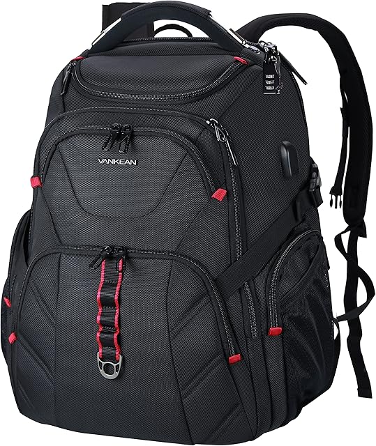 VANKEAN 17.3'' Travel Laptop Backpack TSA Friendly, Water Resistant Anti Theft Extra Large Backpack with RFID Pockets College Backpacks with USB Port for Men Women School Business Work Bag, Black