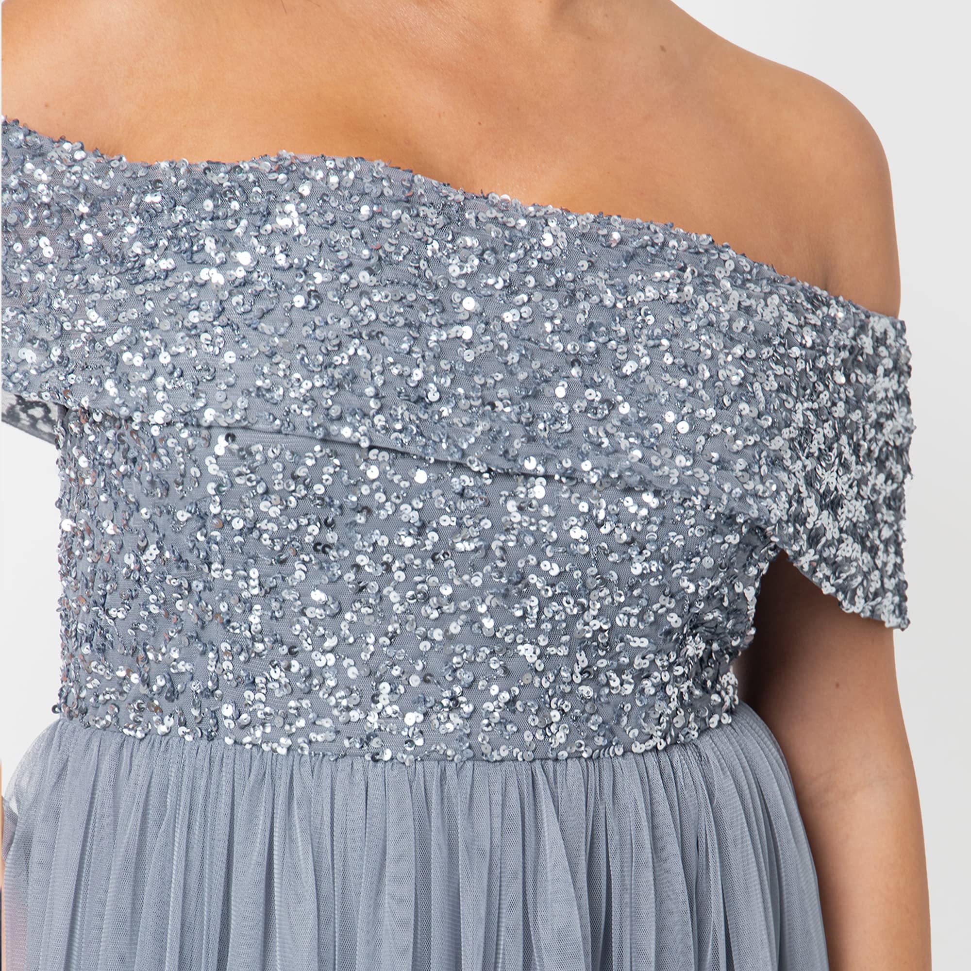 Maya Deluxe Sukienka druhny Kobiety Maya Deluxe Ladies Bardot Dresses for Women Midi High Empire Waist Sequins Embellished Formal Evening for Wedding Guest (1 w zestawie)