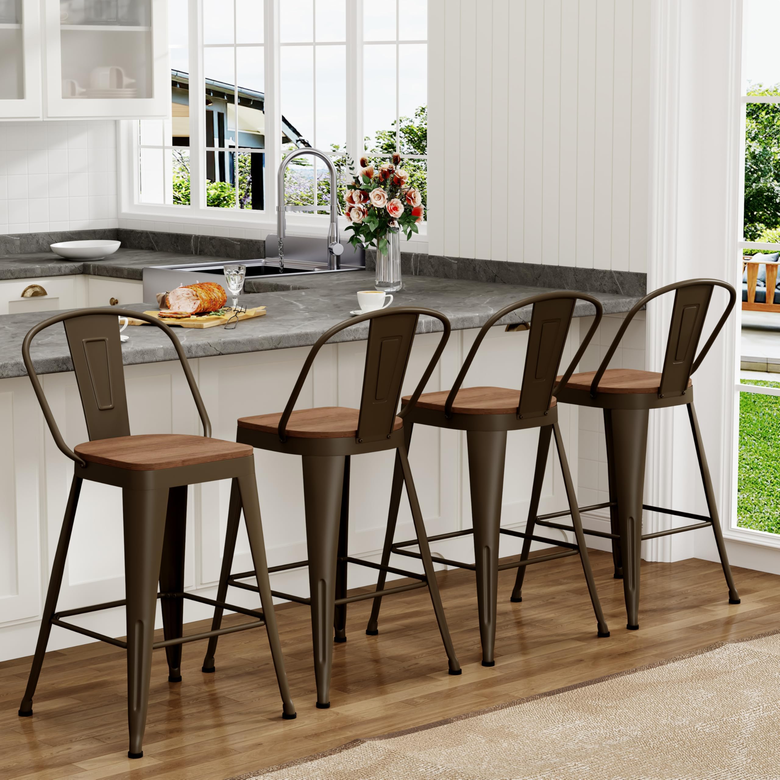 Yongchuang 26" Bar Stools Set of 4 Metal Counter Height Barstools with High Back Large Wooden Seat Farmhouse Kitchen Bar Chairs Rusty