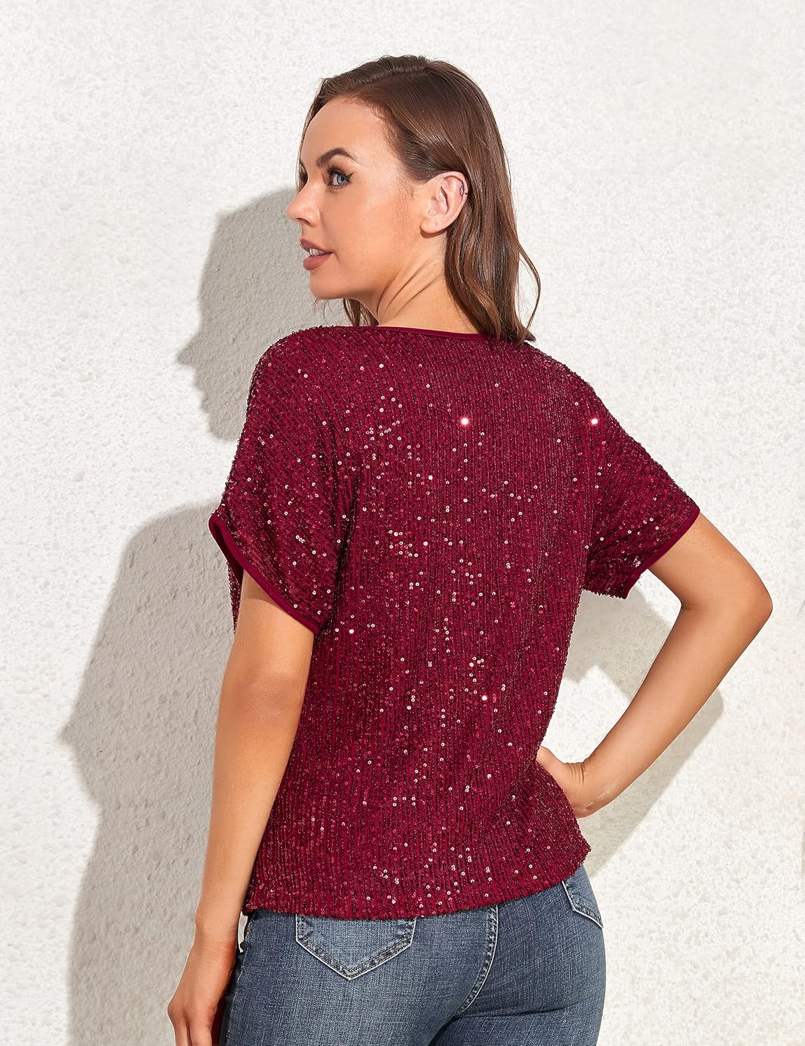 PrettyGuide Women's Sparkly Sequin Tops Short Sleeve Glitter Loose Party Shirt Blouse Boat Neck Dressy Top - Image 5