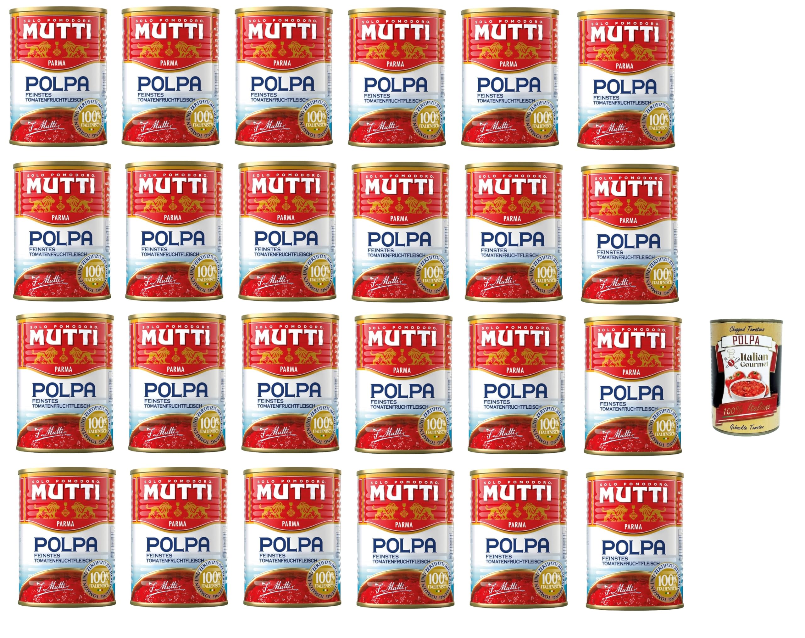 Mutti Polpa – 24 × 400 g de tomates finamente picados en zumo (latas), 100% tomates italianos, veganos, ideal para salsas, pizza y pasta, pack de almacenamiento + polpa italiana gourmet