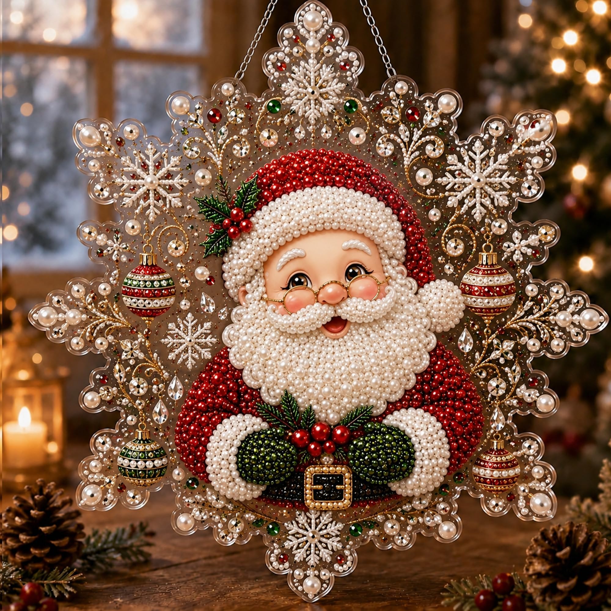 Christmas Diamond Art Kits for Adults, Pearl Diamond Painting Suncatcher Kit DIY Craft 3D Pre-Assembled Metal Chain Acrylic Snowflake Shape Board with Lace Edge Mixed-Sized Pearl Beads Craft