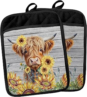 Western Highland Cow Sunflowers Pot Holders with Pockets, Floral Pot Holders Heat Resistant Oven Mitts Hot Pads for Kitchen Baking Cooking,Potholders for Kitchens