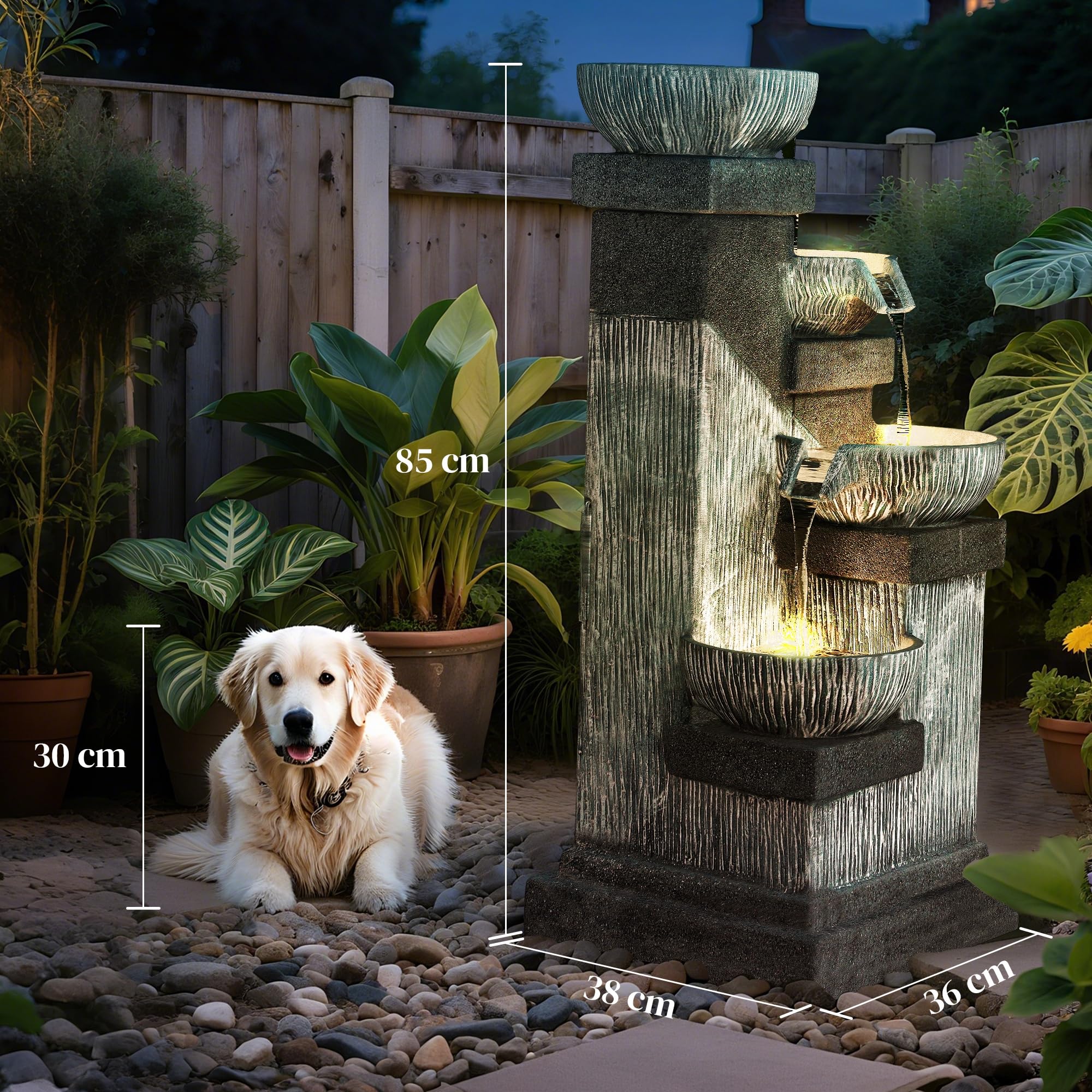 Outsunny Fontaine de Jardin Cascade Fontaine d'eau extérieure 4 Niveaux avec lumières LED, Pompe à Eau, en résine, 38 x 36 x 85 cm, Gris