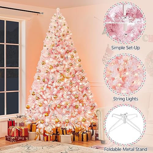 Miniatura 5 de Yaheetech Árbol de Navidad artificial preiluminado de 9 pies con luces incandescentes blancas cálidas, árbol de Navidad preiluminado con 2084 puntas