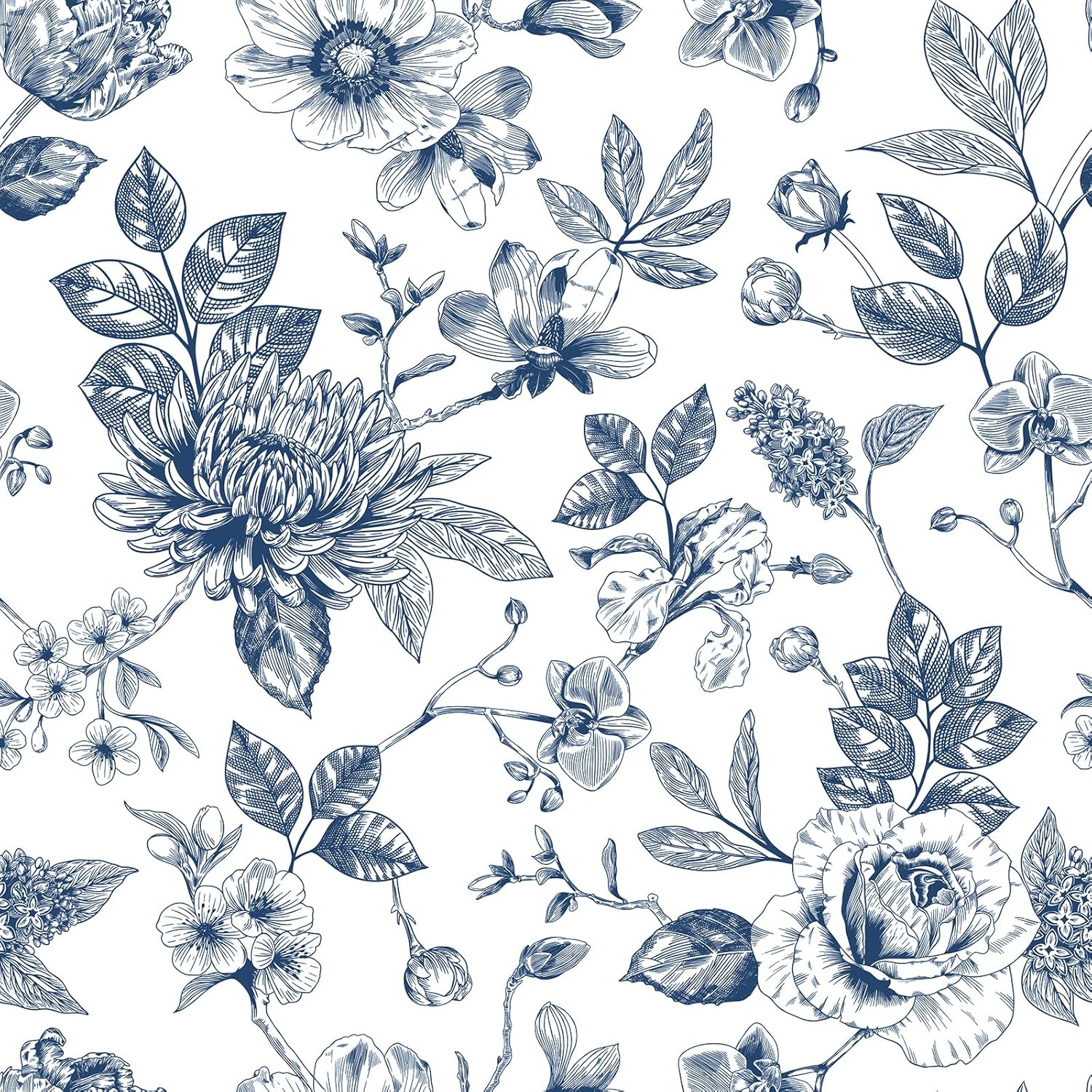 VaryStyle 17.7"x118" Navy Floral Wallpaper Elegant Navy Blue/White Floral Peel and Stick Wallpaper Flower Wall Murals Decorative Removable Navy Floral Contact Paper for Cabinet Bedroom Bathroom Walls
