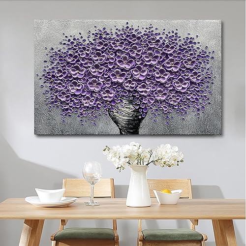 Miniatura 3 de Epicler art Pintura al óleo decorativa de flores 3D moradas pintadas a mano, arte de pared decorativo de pared de flores, arte moderno, sala de