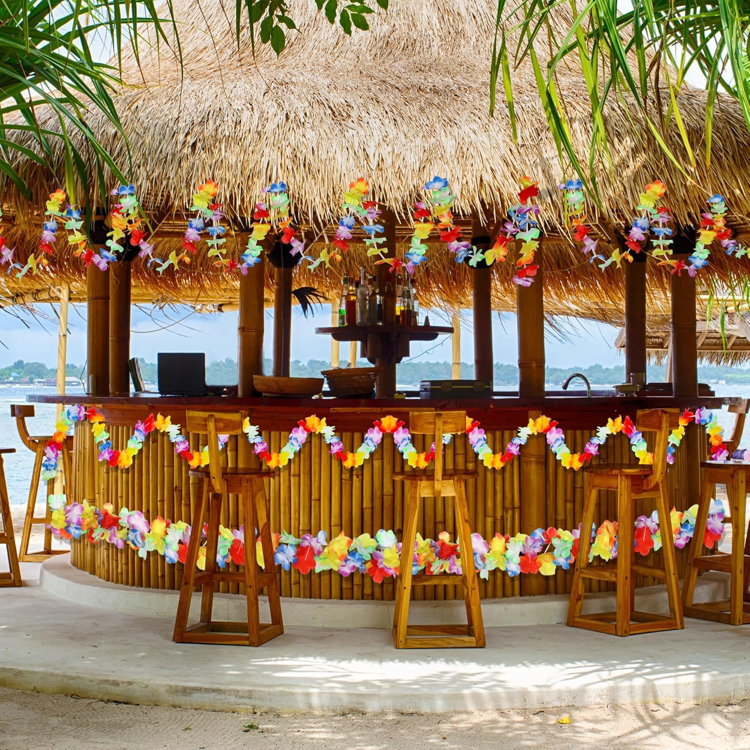 Fovths 2 Pieces 100 Feet Each Hawaiian Tropical Flower Leis Garland Each Multicolored Hibiscus Flower Banner Summer Beach Tiki Party Hawaiian Luau Decorations