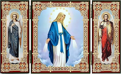 Tríptico icono de Nuestra Señora de Gracia con arcángeles Michael y Gabriel - Lámina dorada - Madera 3 14 pulgadas, icono católico de la Virgen disponible en Yaxa Colombia