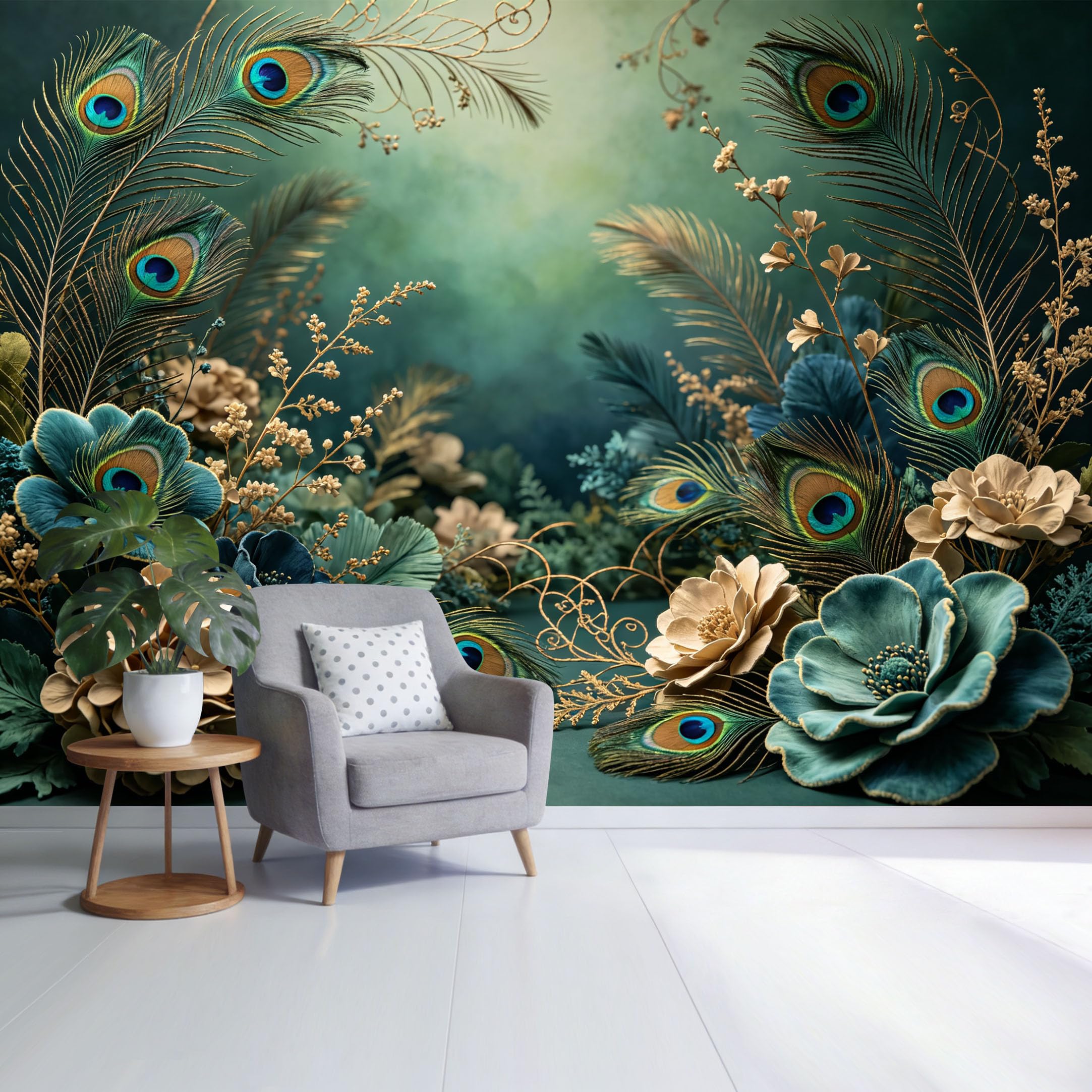 Custom Size Wall Mural Peacock Feather Botanical Floral Arrangement Watercolor Style SelfAdhesive Wall Fabric Removable Wallpaper for Home Office Decor