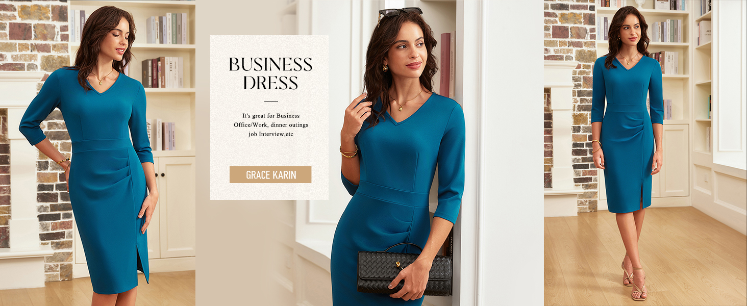 GRACE KARIN Women's 2025 Wear to Work Bodycon Dress, 3/4 Sleeve V Neck Business Casual Elegant Office Pencil Dresses Black S at Amazon Women's Clothing store