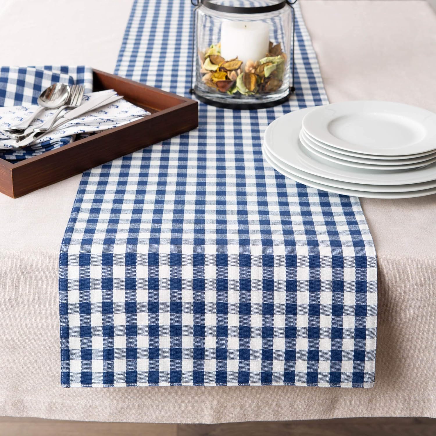 DII Gingham Check Tabletop Collection, Navy, Table Runner, 14x108
