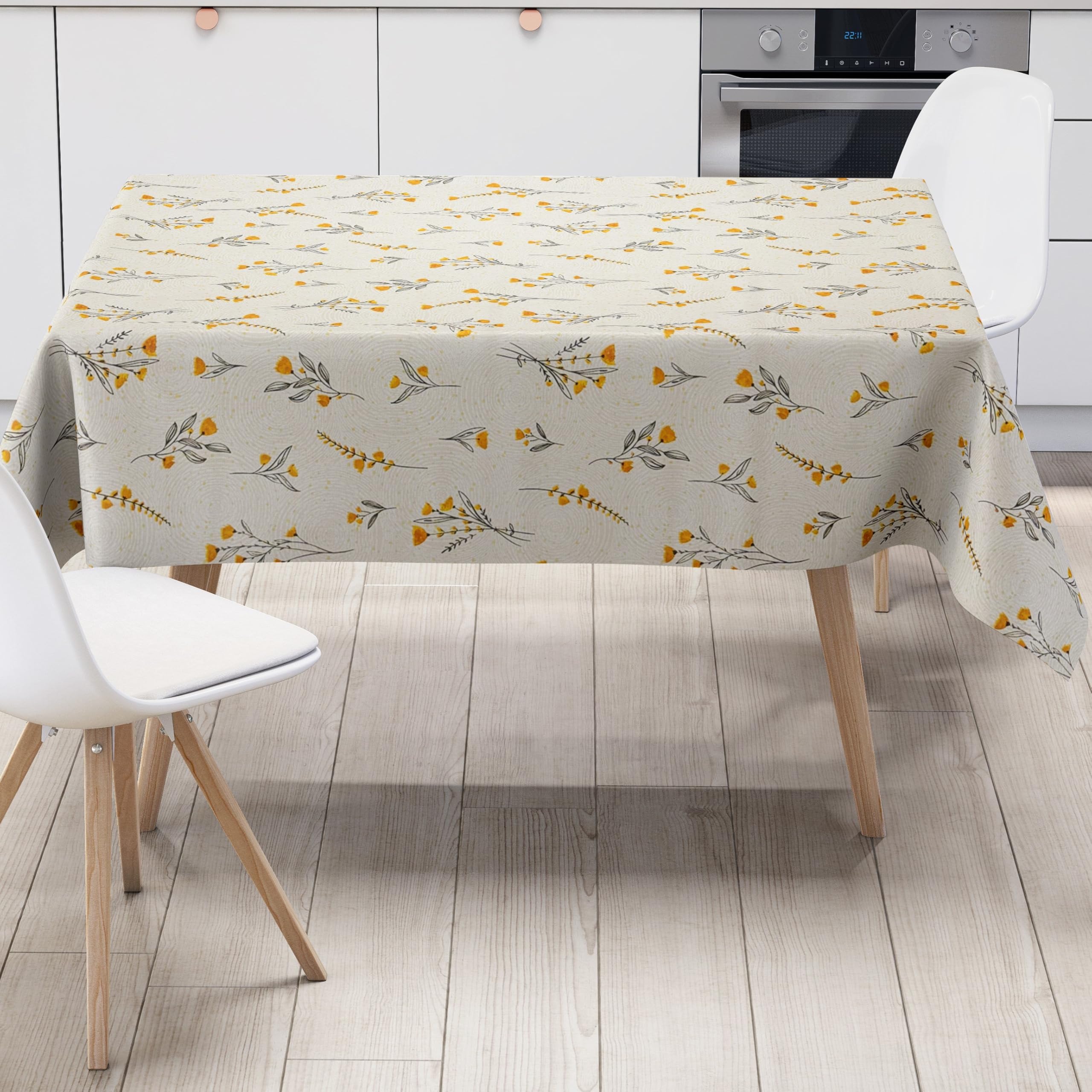KEVKUS Wachstuch Tischdecke geprägt P1165-1 Wiesenblumen gelb Kreise wählbar in eckig, rund und oval - Größe oval 140x300cm mit Paspelband