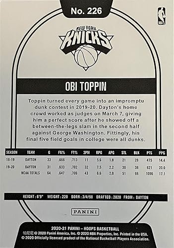 Miniatura 2 de 2020-21 Panini NBA Hoops OBI TOPPIN Basketball ROOKIE Card - New York Knicks