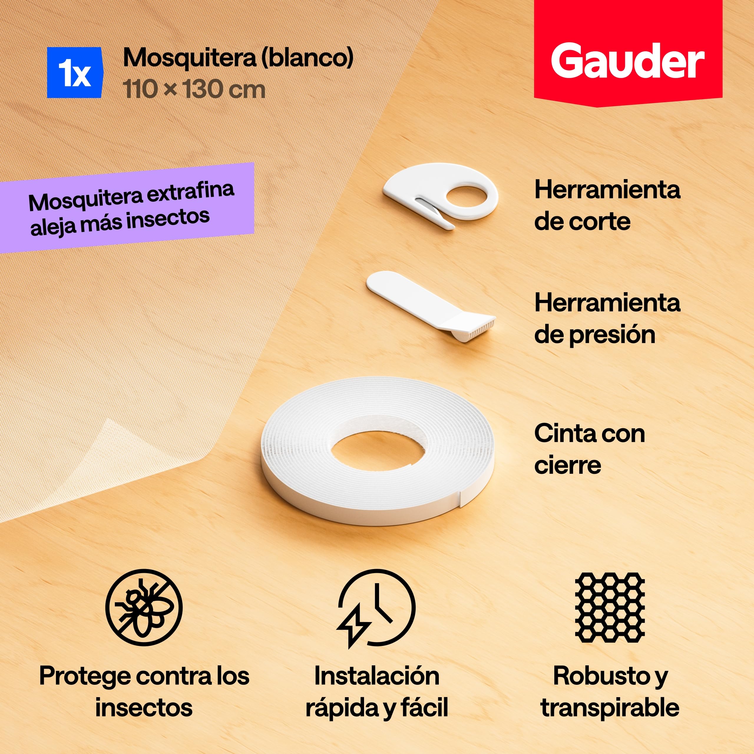 GAUDER Mosquitera para Ventana - Red Anti-Insectos con Cierre de Gancho y Bucle - Protección Adhesiva contra Mosquitos - Malla Autoadhesiva (110 x 130 cm - Bianca) — view 3
