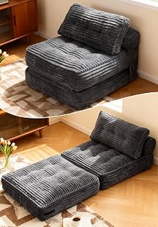 KINGYES Folding Sofa Bed, Corduroy Convertible Sleeper Chair with Pillow, Foldable Single Futon Chair for Living Room, Gray