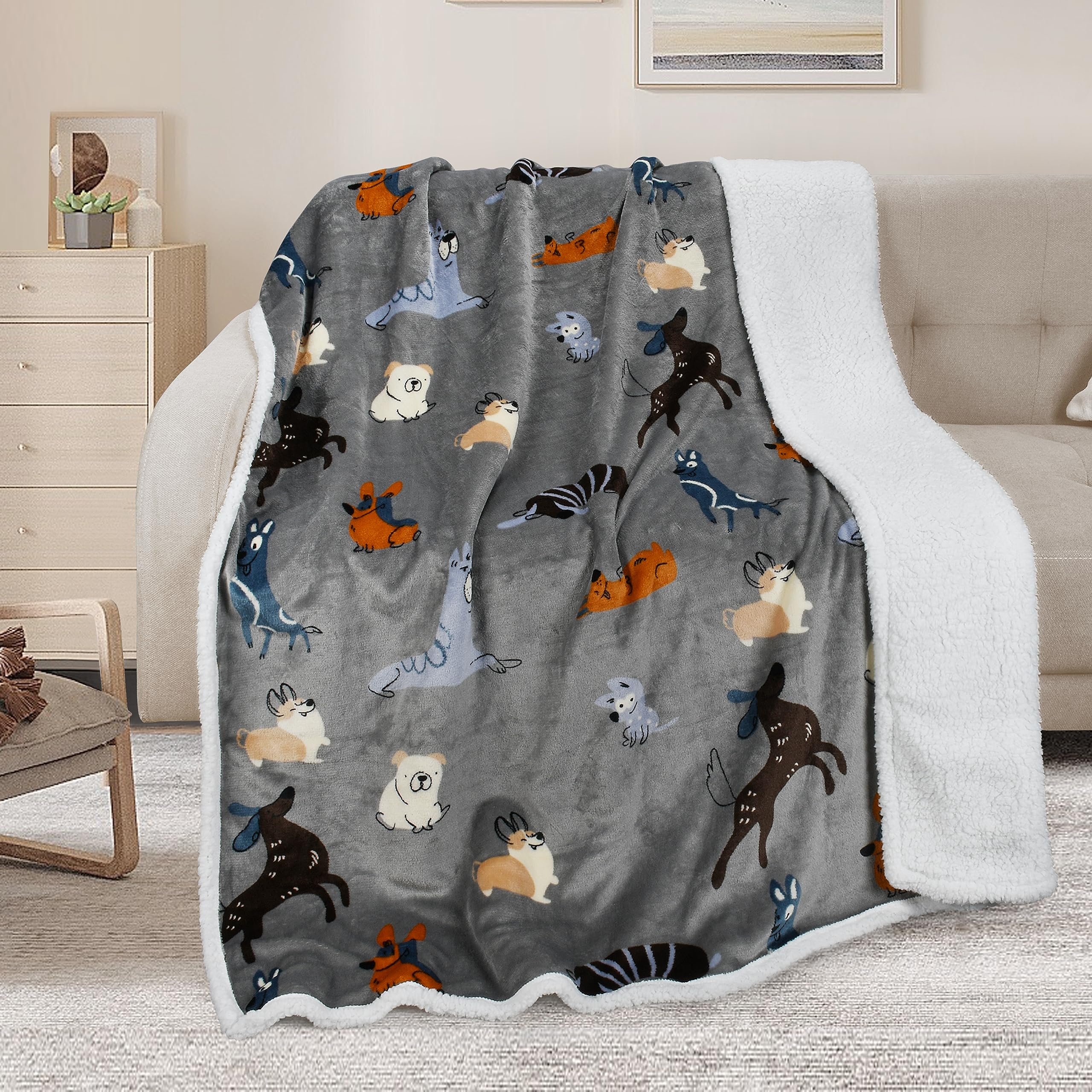 Couverture Chien Gris Sherpa Polaire 150x130 cm pour Canapé et Lit Simple Moelleux