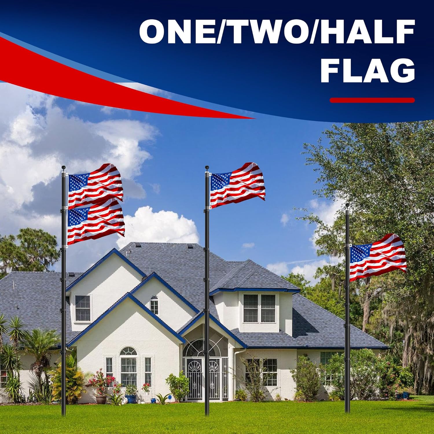 16FT Telescoping Flag Pole Kit,Heavy Duty Aluminum Flag Poles for Outside Inground with 3'x 5' American Flag & Black Ball Topper, Flag Pole Kit for Yard, Residential and Commercialn, Black
