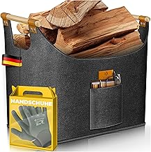 KESSER® 90 Litre Extra Thick Felt Folding Firewood Basket with Reinforced Wooden Handles for Wood, Newspaper or Firewood Including Work Gloves