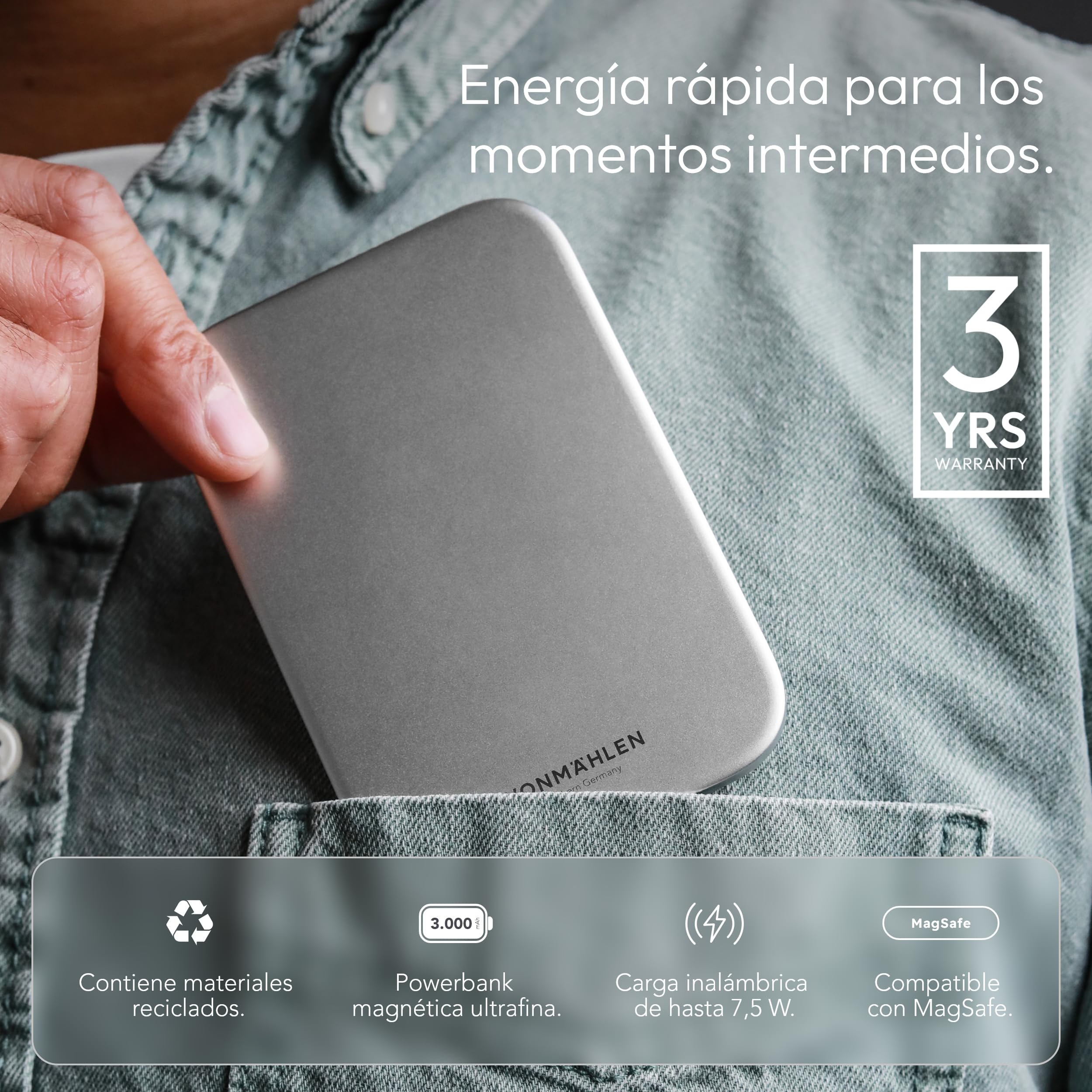 VONMÄHLEN Evergreen Mag - Batería externa inalámbrica compatible con MagSafe - Cargador portátil con 3000 mAh y 7,5 W de carga inalámbrica, batería externa magnética, 3 años de garantía, solo 5,8 mm