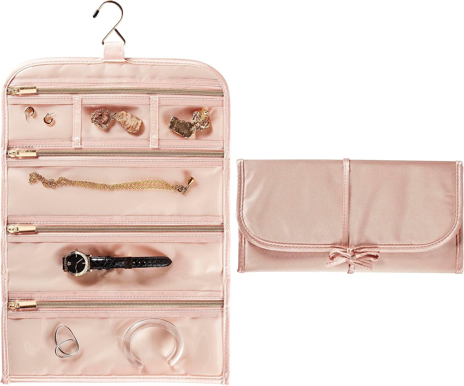 Blush Pink Travel Jewelry Roll with 6 Zippered Pockets