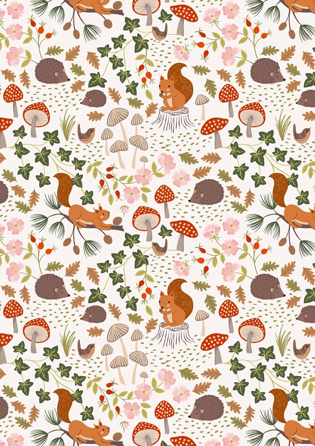 Lewis & Irene Evergreen Fabric Collection Squirrels & Hedgehogs on Cream A695.1 Premium 100% Cotton Quilt Shop Quality Fabrics - Fabric by The Yard