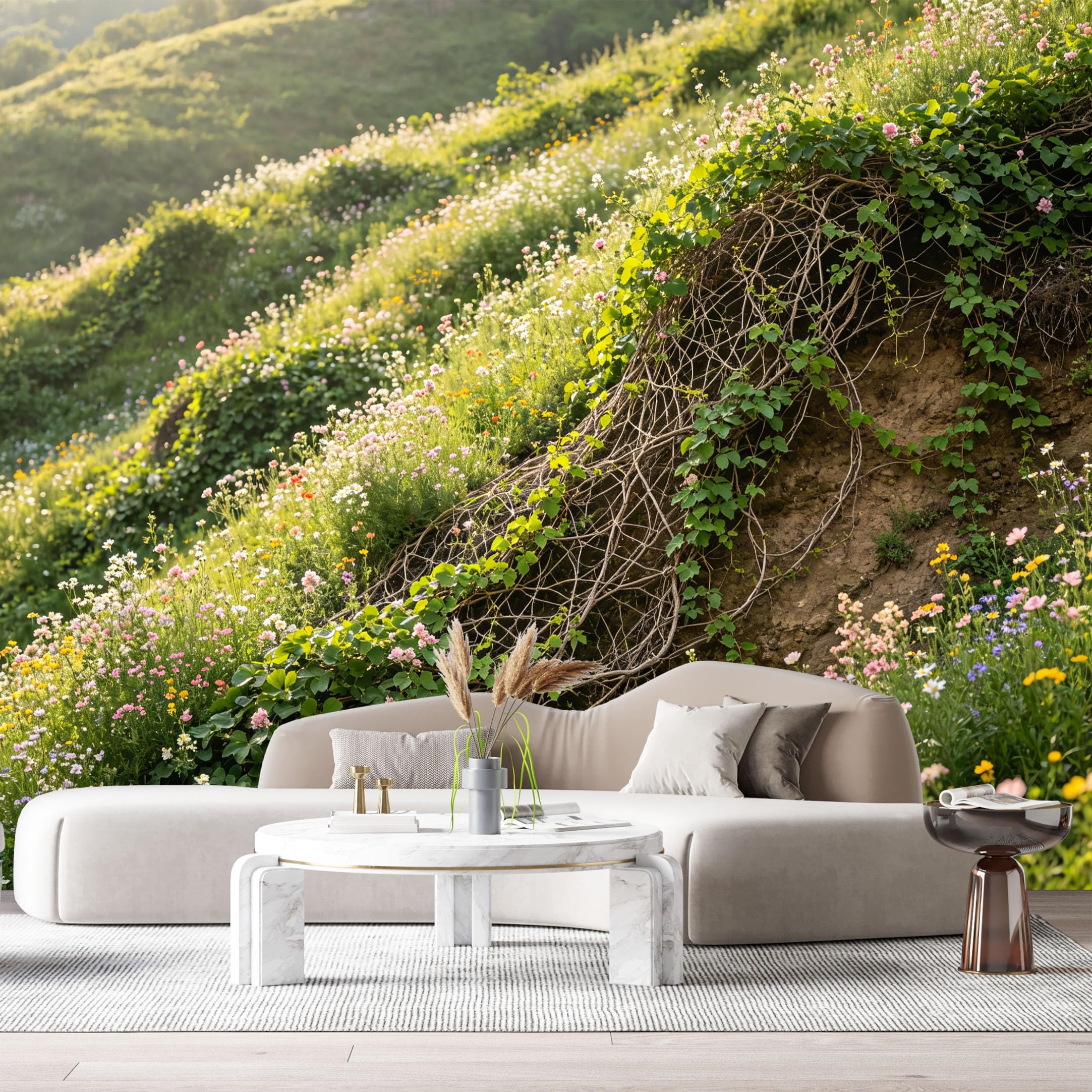Custom Size Wall Murals Botanical Wildflower Meadow Landscape Nature Hillside Blooming Vines SelfAdhesive Wall Fabric Removable Large Wallpaper for Photo Living Room