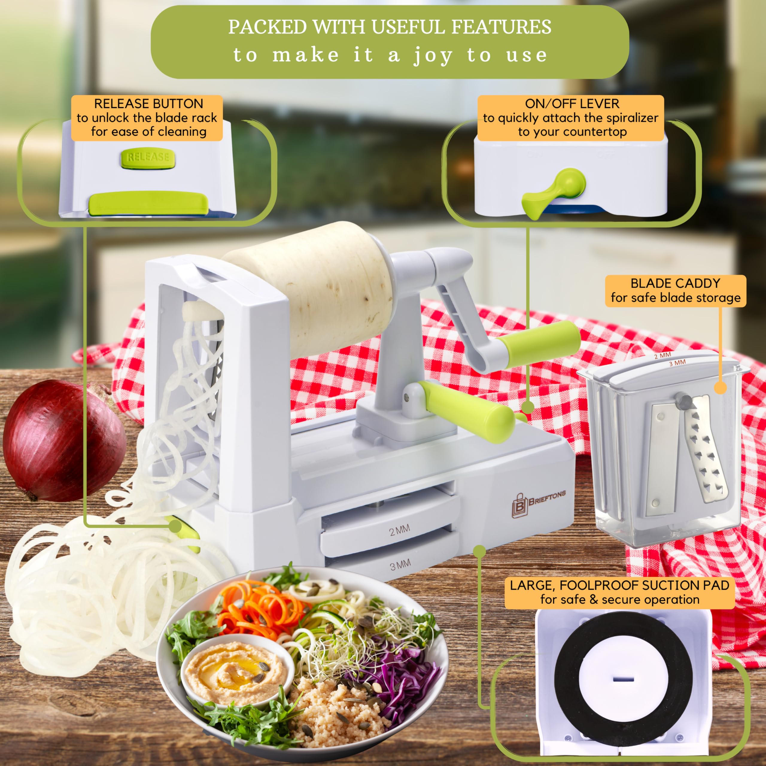 Râpe pour couper els légumes en spirale - 5 lames - Par Brieftons - BR-5B-02 Coupe-légume solide et robuste pour faire des spirales ou des spaghetti de légumes