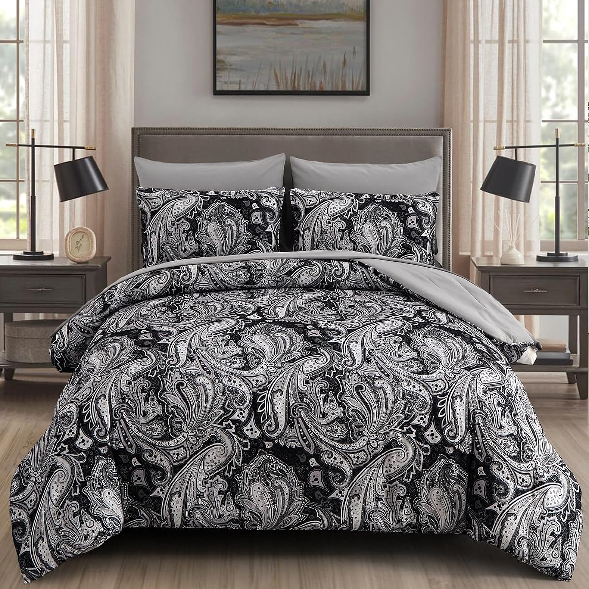 Black Paisley Comforter Set California King Size, 7 Piece Bed in a Bag Black Gray Boho Paisley Pattern Comforter Set, Soft Lightweight Microfiber Reversible Bedding Set for All Season (106''x96'')