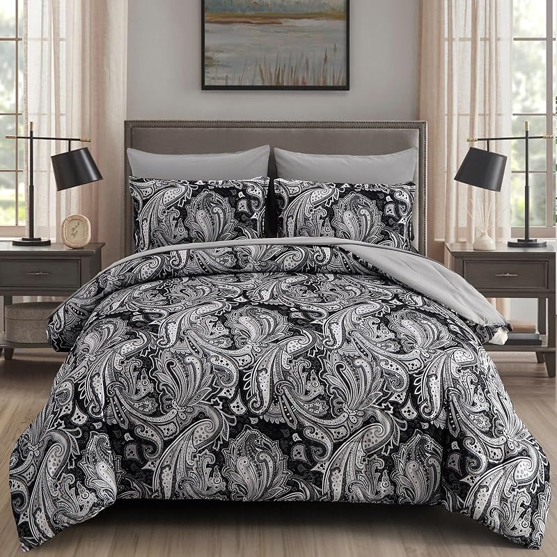 Black Paisley Comforter Set California King Size, 7 Piece Bed in a Bag Black Gray Boho Paisley Pattern Comforter Set, Soft Lightweight Microfiber Reversible Bedding Set for All Season (106''x96'')