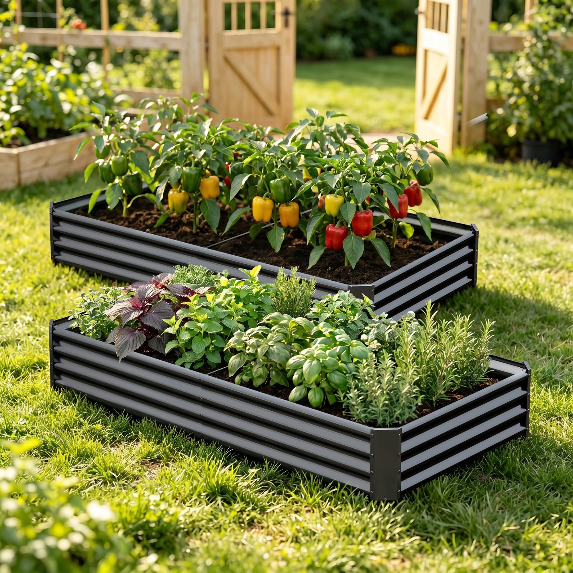 Hochbeet-Set aus verzinktem Metall, 1,8 x 0,9 x 0,3 m, verzinkter Stahl, 2 Stück, Stahl-Set mit offenem Boden, für Gemüse, Blumen, Kräuter, Obst, Schwarz
