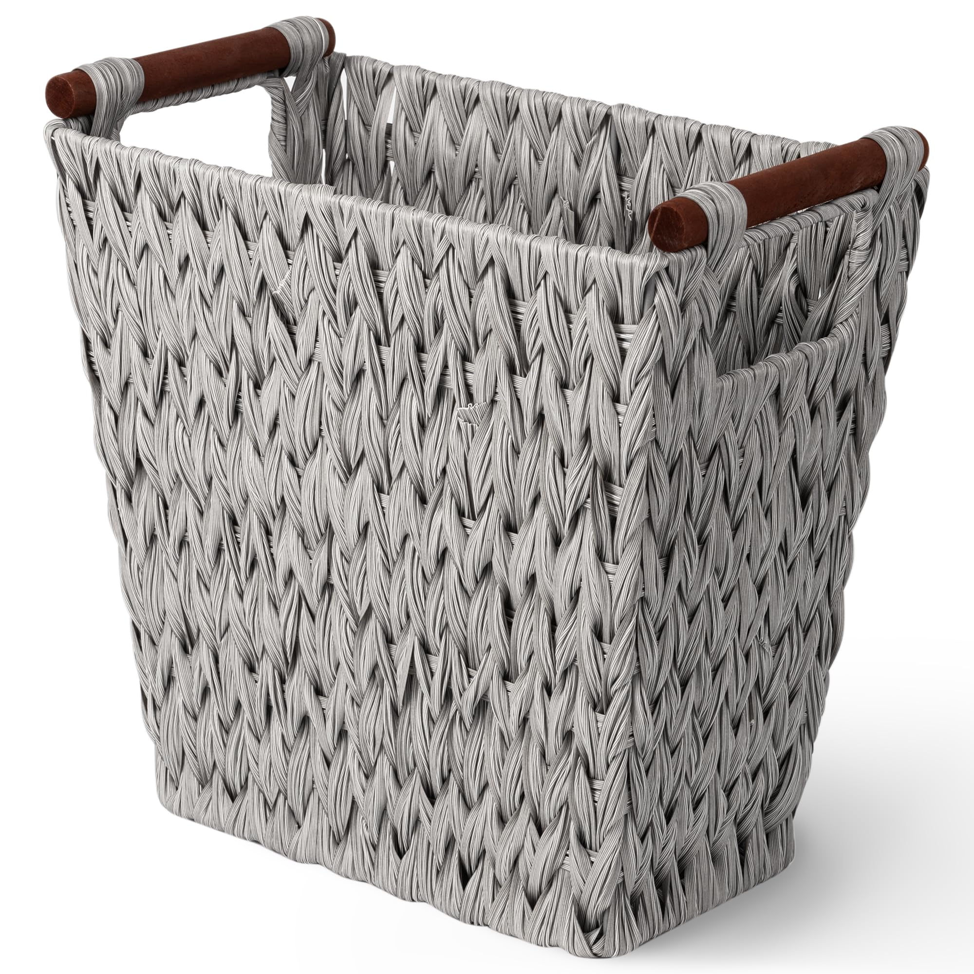 GRANNY SAYS Hand-Woven Bathroom Wastebasket, Waste Basket with Wood Handles, Imitation Wicker Trash Can, Trash Basket for Bedroom & Office, Gray, 13.5" x 8" x 12"