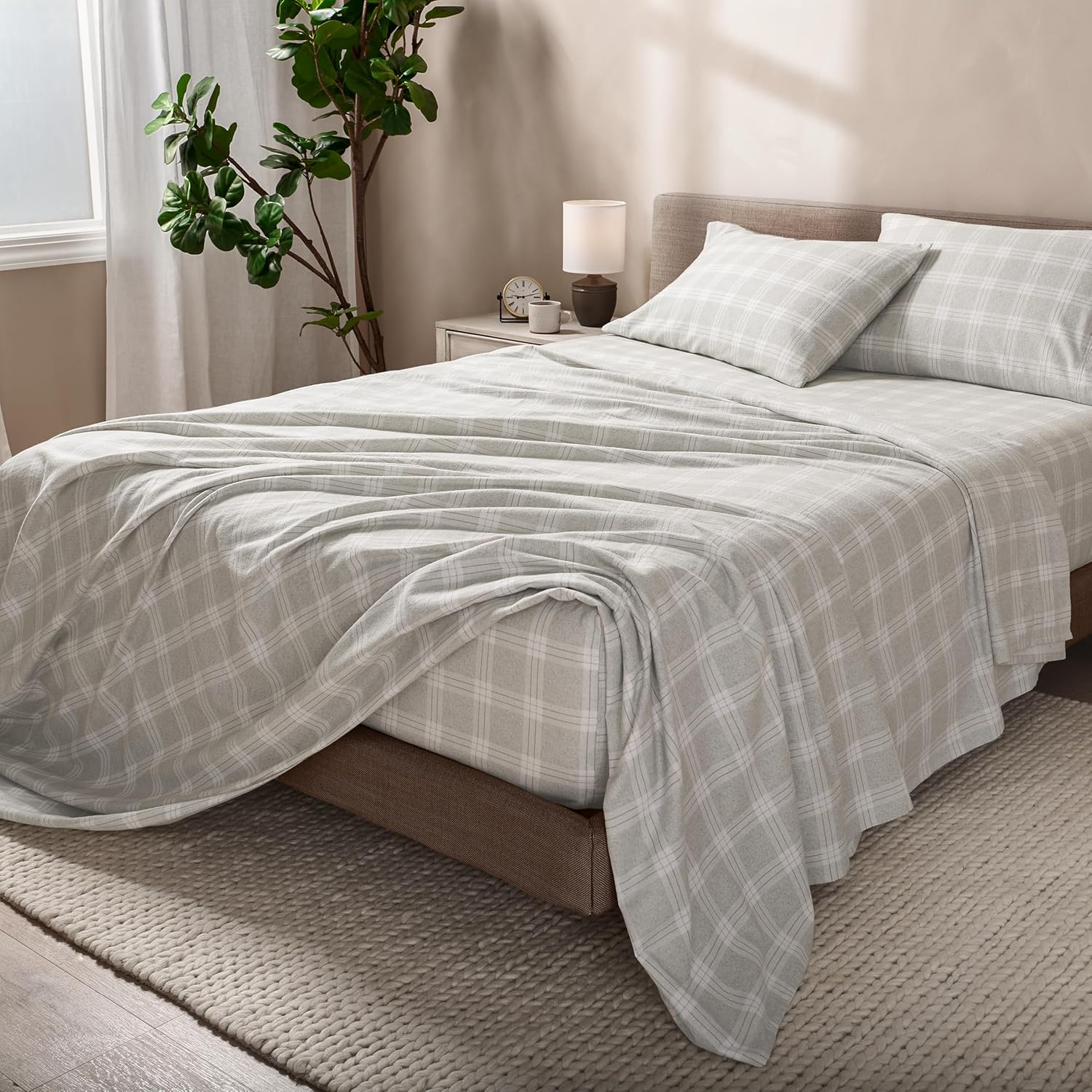 Bare Home Cotton Flannel Sheet Set Prints, 100% Cotton, Velvety Soft Heavyweight - Double Brushed for Softness & Comfort - Deep Pocket - Bed Sheet (Full, Checkered Plaid - Light Grey) - Image 2