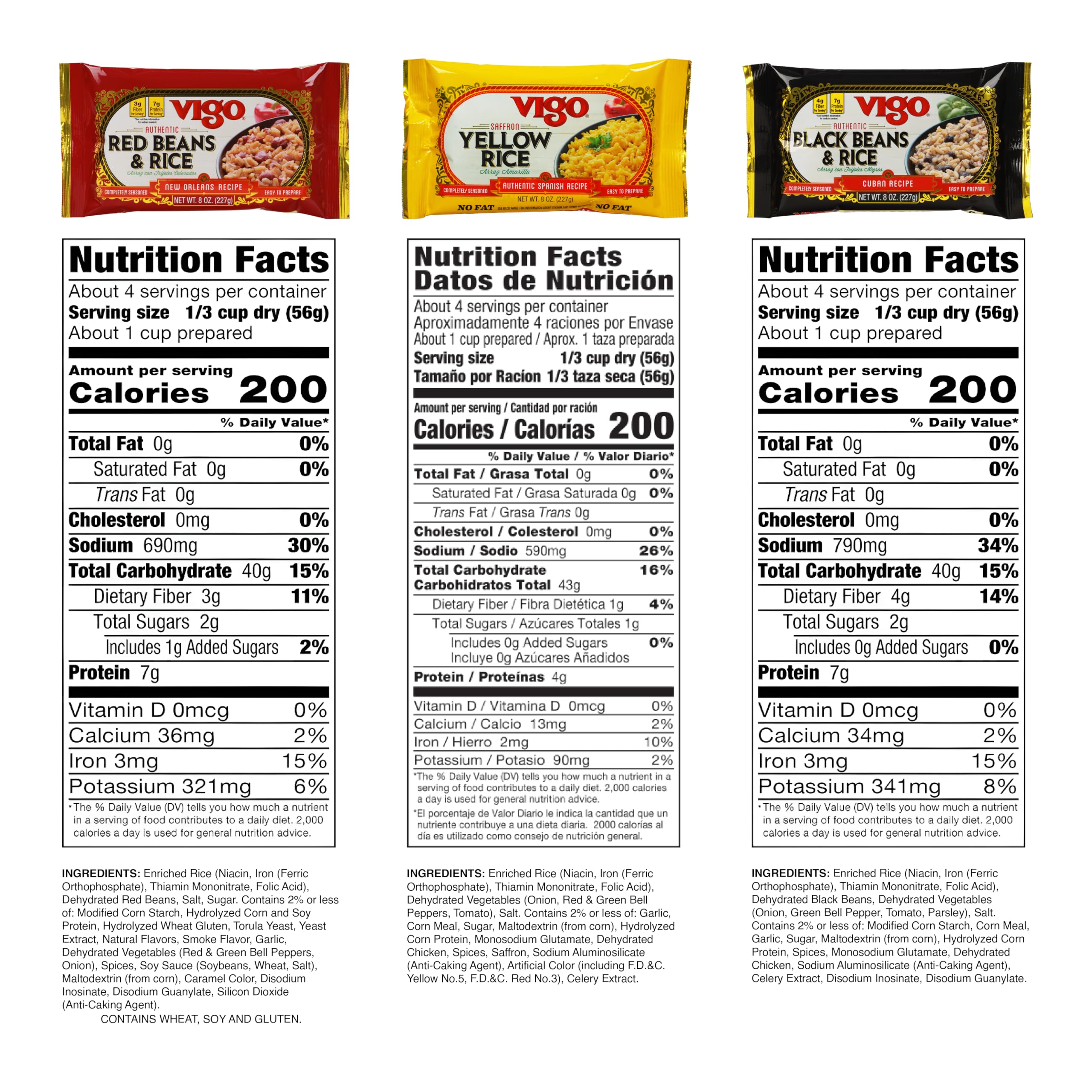 Vigo Authentic Rice Variety Pack, Low Fat, 8oz Pack of 3 (Saffron Yellow Rice, Red Beans & Rice, and Black Beans & Rice)