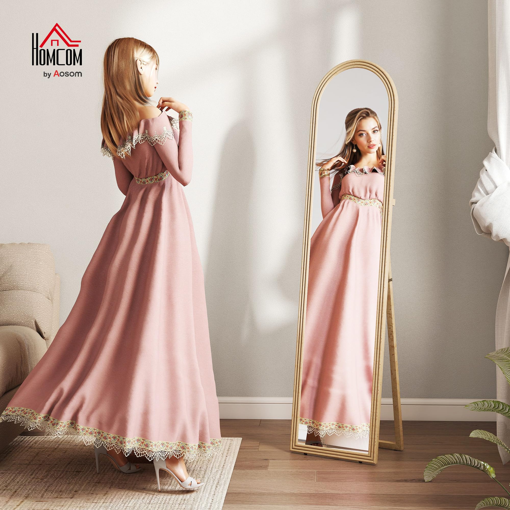 HOMCOM Espejo de Pie Cuerpo Entero 160x40 cm con Marco Efecto Piedra, Espejo de Pared Rectangular para Colgar o Apoyar, 2 Modos de Uso, para Dormitorio, Salón y Entrada, Beige