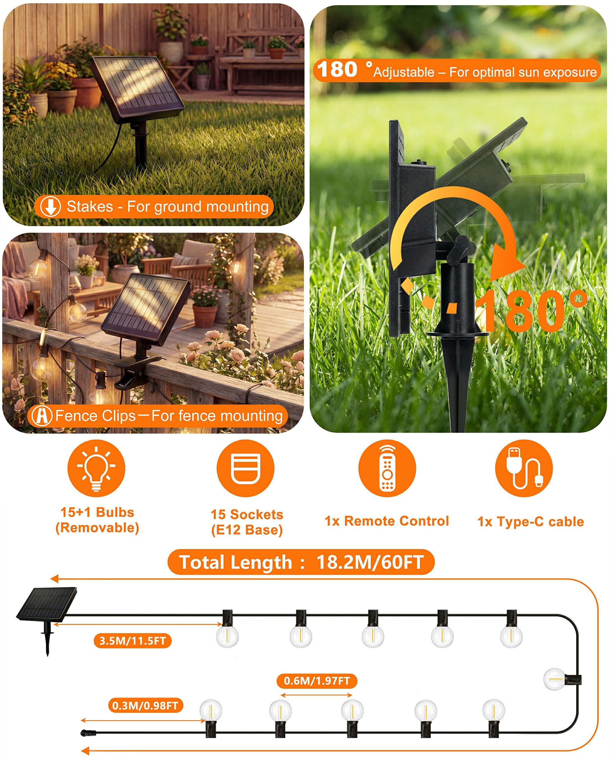 Catena luminosa a energia solare per esterni, 18 m, dimmerabile, per esterni, con telecomando, 25 + 1 lampadina 2700 K, G40, 3 modalità, 5 timer, impermeabile, per balcone, terrazza, feste