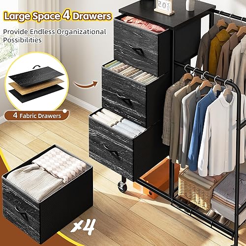 Miniatura 7 de Cómoda de 47.3 pulgadas de alto con estante para colgar, 4 cajones de tela con doble perchero y ruedas, organizador alto para dormitorio, entrada