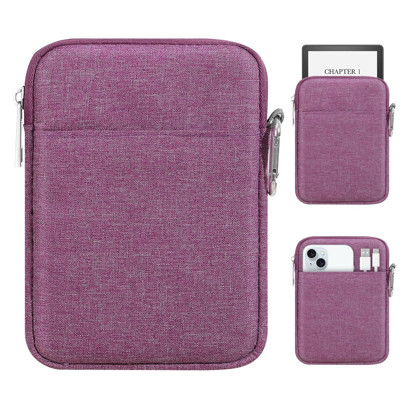 MoKo Padded Ereader Sleeve Case for 6-7 inch Ereader Tablet Bag Protective Cover Pouch with a Carabiner, Compatible with 7" Colorsoft Signature Edition 2024, Purple