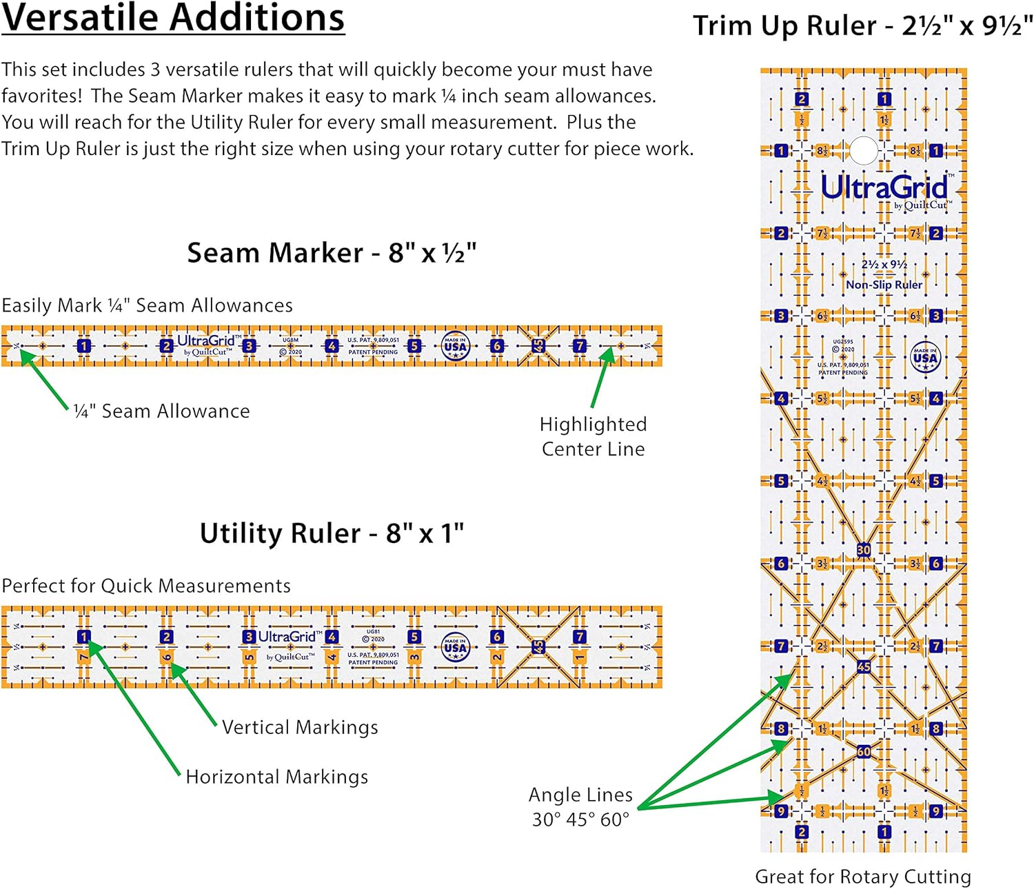 QuiltCut UltraGrid USA Made Non-Slip Quilting Rulers – 7 Piece Starter Set