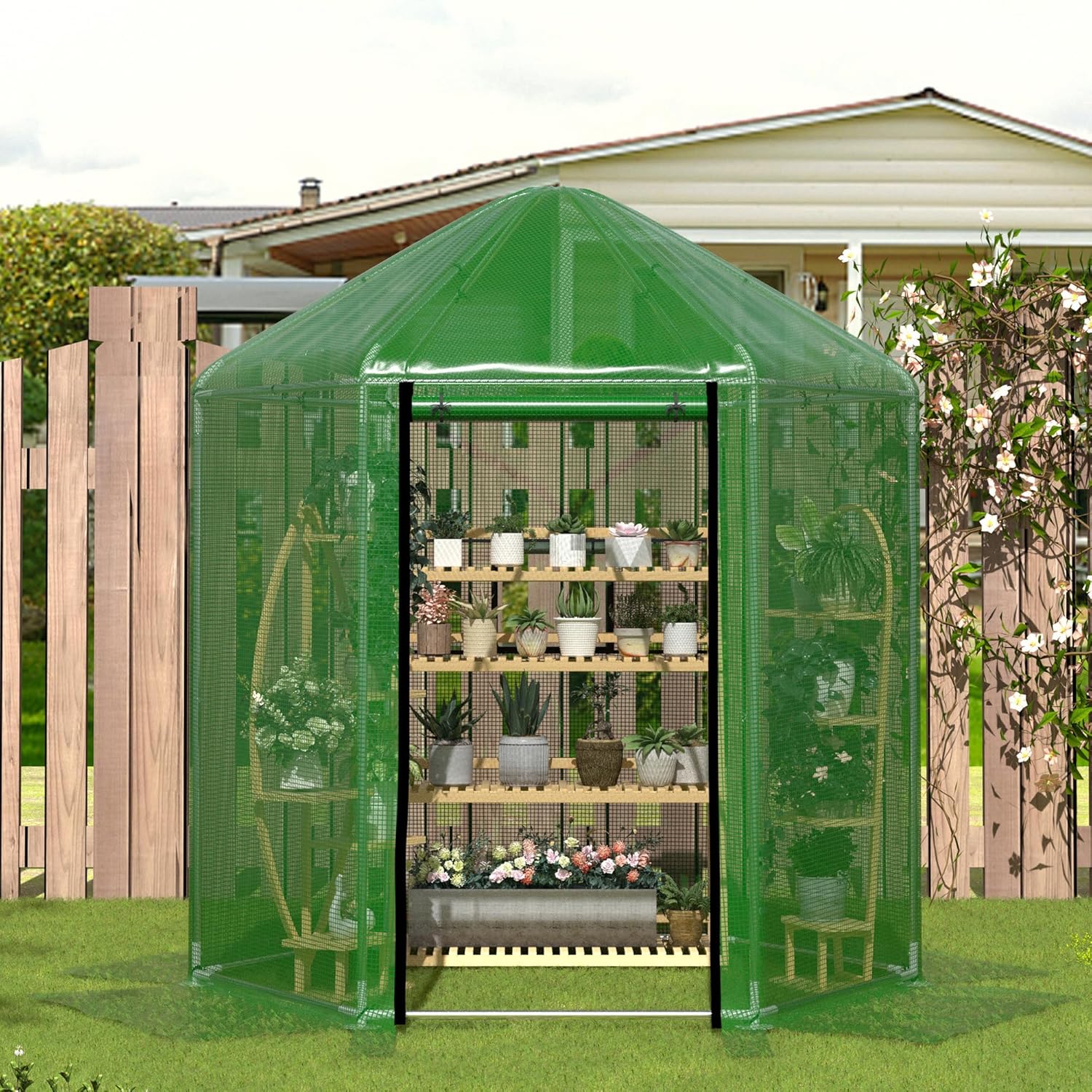 MU 7x7x7.6 FT Greenhouses for Outdoors, Heavy-Duty Green House for Outside, Walk in Winter Greenhouse with 180g Double Layer PE Cover, Ground Stakes, Great for Garden/Patio/Backyard