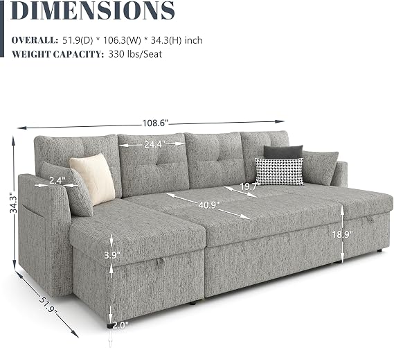 Weture Oversized Sleeper Couch Sofa Bed, 110 inch 2 in 4 Pull Out Sleeper Sectional Sofa with Double Storage Chaise, Sleeper Sofa with Side Pocket for Living Room, Light Grey