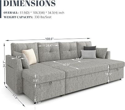 Weture Oversized Sleeper Couch Sofa Bed, 110 inch 2 in 4 Pull Out Sleeper Sectional Sofa with Double Storage Chaise, Sleeper Sofa with Side Pocket for Living Room, Light Grey